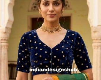 Navy Blue Velvet Embroidered Saree Blouse, V Neck Readymade Ethnic Top