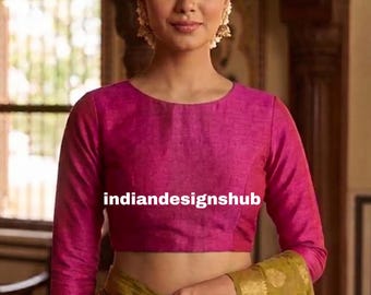 Pink Silk Saree Blouse, Long Sleeve Indian Crop Top, Wedding Ethnic Wear