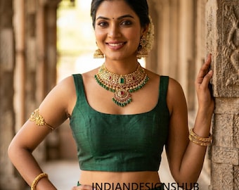 Green Silk Sleeveless Saree Blouse, Indian Traditional Wear