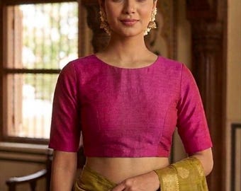 Sami Silk Saree Blouse | Boat Neck, Back Opening, Pink Crop Top