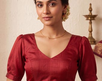 Maroon Silk Saree Blouse, Puff Sleeve Indian Bridal, Back Hook Ethnic Readymade Blouse