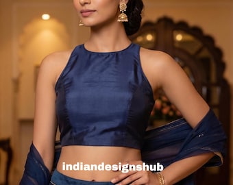 Navy Blue Silk Saree Blouse, Sleeveless Designer Ethnic Crop Top