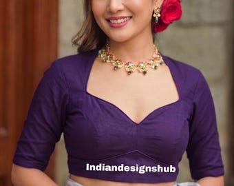 Purple Silk Saree Blouse, Designer Backless Boat Neck, Wedding Party Wear