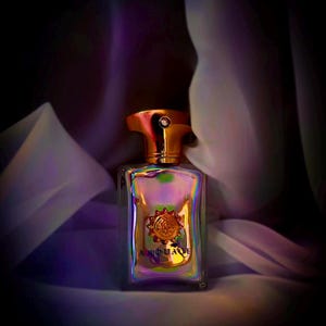 Pode incluir: Um frasco de perfume retangular com vidro iridescente, uma tampa dourada e um emblema decorativo. A garrafa tem a palavra "AMOUAGE" impressa na frente. O fundo é um tecido escuro e desfocado.