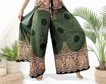 Thai Feather Mandala Wide Leg Palazzo Wrap Pants: Boho Hippie Beachwear
