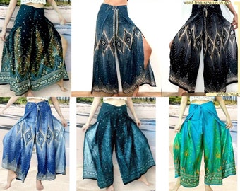 Thai Feather Art Boho Wide Leg Yoga Pants: Hippie Style Fisherman Palazzo Trousers String Tie Wrap pants Beach Wear