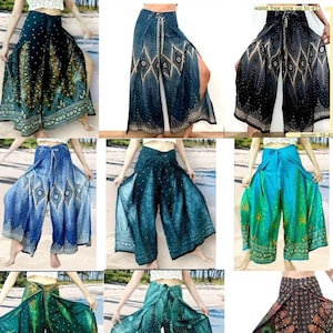 Thai Feather Art Boho Wide Leg Yoga Pants: Hippie Style Fisherman Palazzo Trousers String Tie Wrap pants Beach Wear