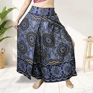Thai Rayon Wide Leg Palazzo Pancake Pants: Boho Feather Mandala, Plus Size