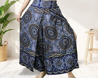 Thai Rayon Wide Leg Palazzo Pancake Pants: Boho Feather Mandala, Plus Size