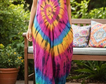 Mono harem estilo boho tie-dye: mono hippie para festivales, unisex, talla única.