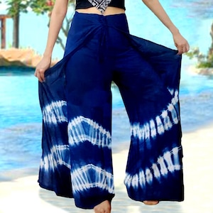 Indigo Tie Dye Palazzo Pants: Handmade Thai Rayon Boho Trousers