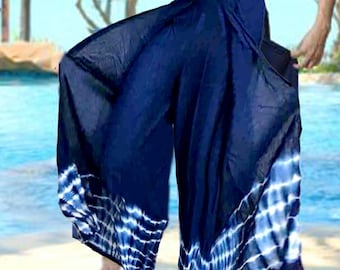 Indigo Tie Dye Palazzo Pants: Handmade Thai Rayon Boho Trousers