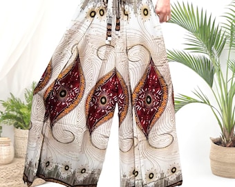 Thai Floral Paisley Mandala Palazzo Pants: Boho Hippie Wide Leg Rayon Trousers
