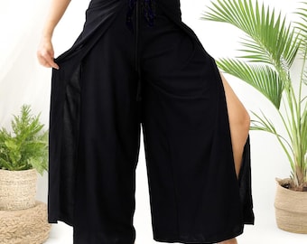Pantalones palazzo de rayón tailandés en negro, verde, marrón y con lazo: pantalones anchos de estilo bohemio.
