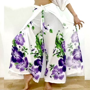Pantalones de yoga de pierna ancha con estampado floral bohemio y mandala tailandés: pantalones palazzo de pescador estilo hippie con estampado de hibisco hawaiano