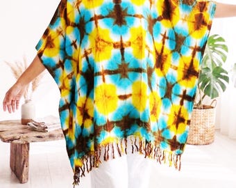 Shibori Tie-dye tunic | Fringed poncho bohemian top | Beach Cover-Up | Gypsy Rayon Kaftan Tassel Top