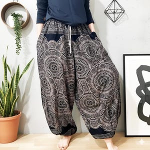 Plus Size Boho Harem Pants: Thai Elephant Mandala Rayon Trousers