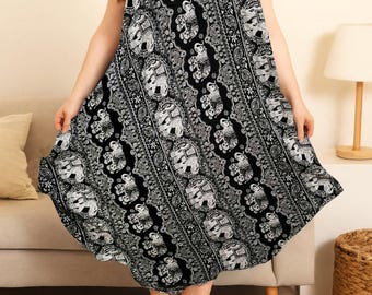 Plus Size Boho Maxi Dress: Elephant Floral Paisley Print, Free Size L-4XL