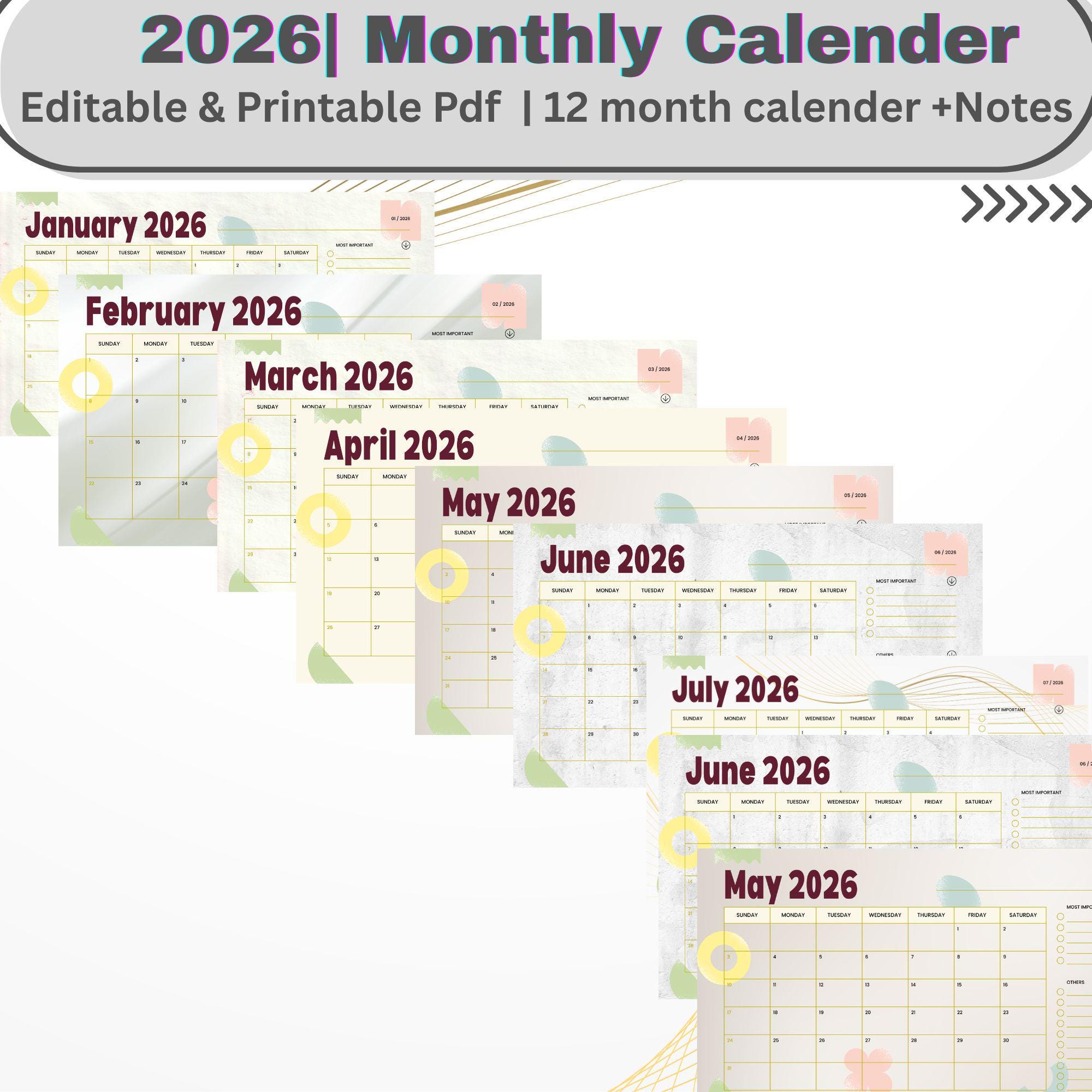 Editable 2026 Monthly Calendar Printable and Editable 2026 Monthly