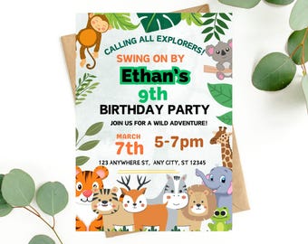 Convite de aniversário com tema de animais, editável, para imprimir, ideal para festas infantis, disponível para download digital.