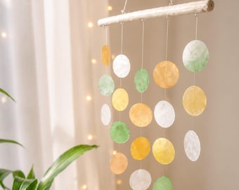 Handmade wind chi GENTLE SPRING – decorative mobile for living rooms, children's rooms, terrace, balcony & garden made of colorful capiz shells Boho