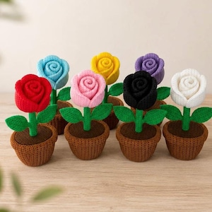 Knitted Style Rose Pot Decor | Cute Desk Gift | Crochet Look Flower Ornament, Teachers Gift