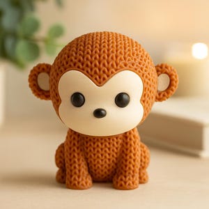 May include: A brown knitted monkey figurine with a cream face and ears, and black eyes. The monkey is sitting upright, with its arms and legs folded. The background is blurred, with a hint of greenery and a soft, warm light.