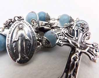 The Miraculous Medal & Aqua Marine Unbreakable single Decade Rosary