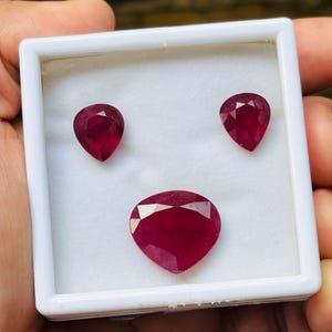 Loose Bangkok ruby layout set | heart 19x21mm 29ct plus pear pair 14x12mm 21ct | jewelry making stones | Gift For Her And Him
