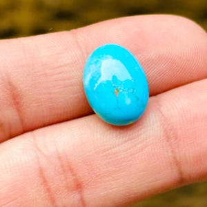 Puede incluir: Una gema de turquesa pulida, de forma ovalada. La piedra es de un azul brillante y vibrante, con sutiles variaciones de color y algunas pequeñas inclusiones naturales. La gema se sostiene en una mano, mostrando su superficie lisa y reflectante.