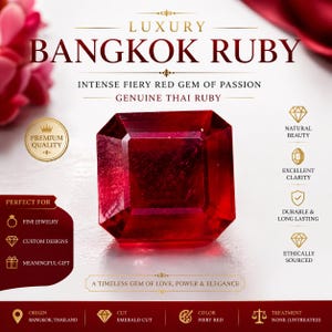 May include: A square emerald-cut ruby with a deep fiery red color. The image includes text: LUXURY BANGKOK RUBY, INTENSE FIERY RED GEM OF PASSION, GENUINE THAI RUBY, PREMIUM QUALITY, A TIMELESS GEM OF LOVE, POWER & ELEGANCE, ORIGIN BANGKOK, THAILAND.