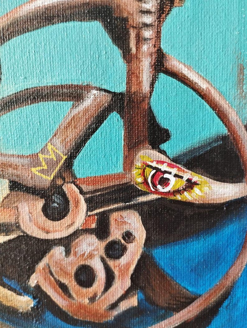 May include: Close-up of an abstract painting featuring a brown, circular structure with a turquoise background. A small, colorful, painted element with red and yellow accents is visible. The painting has a textured appearance.