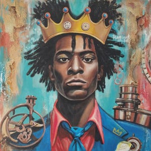 May include: An oil painting portrait of a person wearing a gold crown with clockwork details. The person is wearing a blue suit with a red shirt and blue tie. The painting has the words "Radiant Child" and a signature.