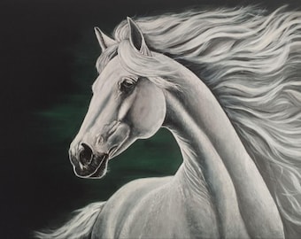 Original White Horse Painting: Acrylic & Oil Equestrian Art (70x100 cm)