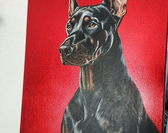 Realistic Black Doberman Painting: Original Dog Portrait on Red Mirror Foil