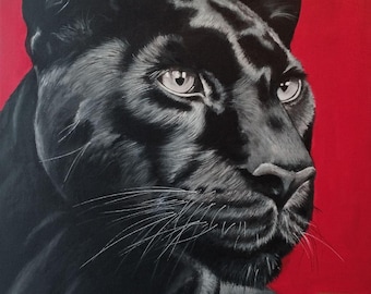Black Panther Painting – Red & Gold Wall Art, Original Acrylic on Canvas, 40x50 cm