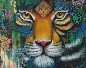 Pintura abstracta de tigre: detalles botánicos, lienzo con hojas doradas (50 x 50 cm)