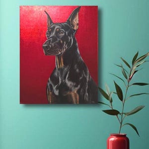 キャンバスに描かれたドーベルマンのオリジナル油絵、犬の肖像画の壁