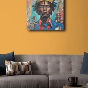May include: Square canvas art featuring a portrait of a person wearing a gold crown. The person is wearing a blue blazer, a red shirt, and a blue tie. The background is a mix of colors, including teal, brown, and pink. The artwork is hanging on a yellow wall.