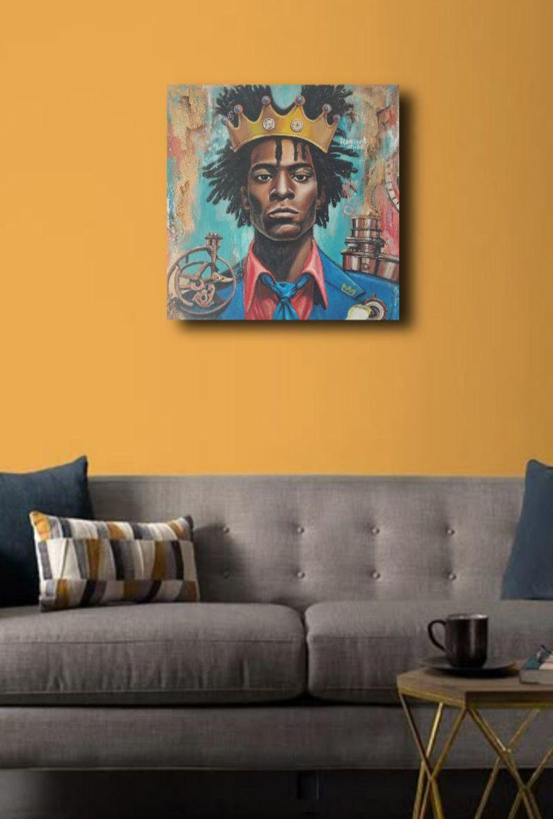 May include: Square canvas art featuring a portrait of a person wearing a gold crown. The person is wearing a blue blazer, a red shirt, and a blue tie. The background is a mix of colors, including teal, brown, and pink. The artwork is hanging on a yellow wall.