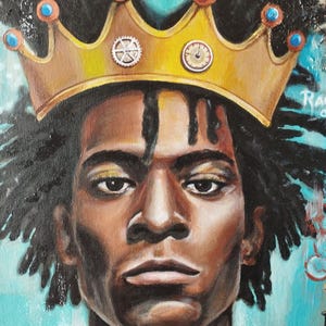 May include: A portrait painting of a person with dark skin and dreadlocks wearing a gold crown. The crown has blue and orange accents and mechanical gear details. The background is a light blue color.