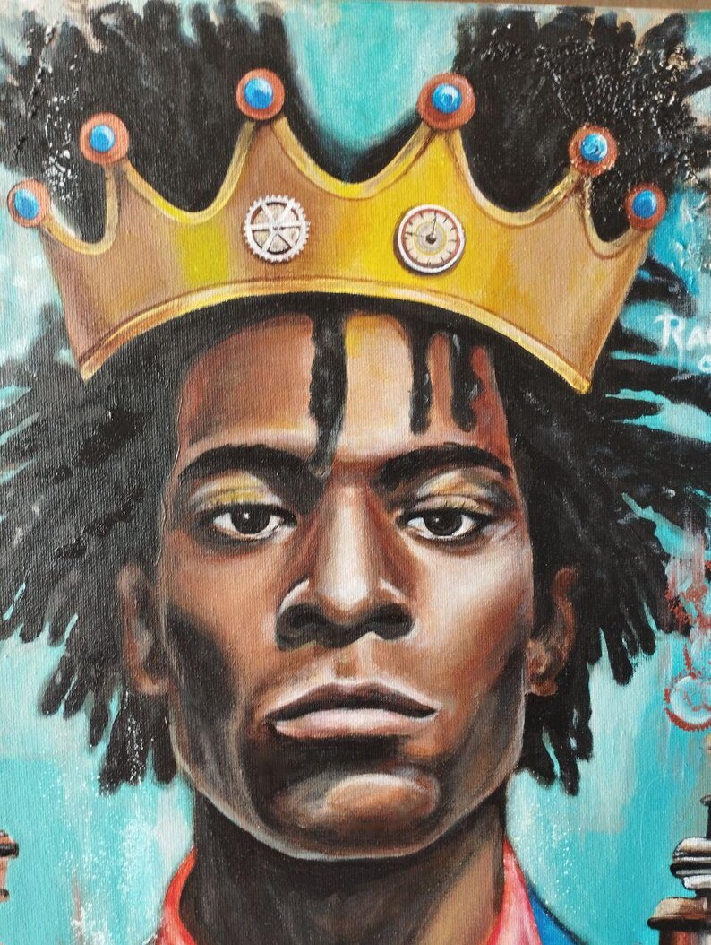 May include: A portrait painting of a person with dark skin and dreadlocks wearing a gold crown. The crown has blue and orange accents and mechanical gear details. The background is a light blue color.
