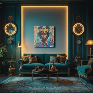 May include: A square canvas art piece depicting a person wearing a crown and a blue blazer, hanging on a teal wall. The room features a teal sofa, a patterned rug, and antique clocks. The overall aesthetic is luxurious and artistic.