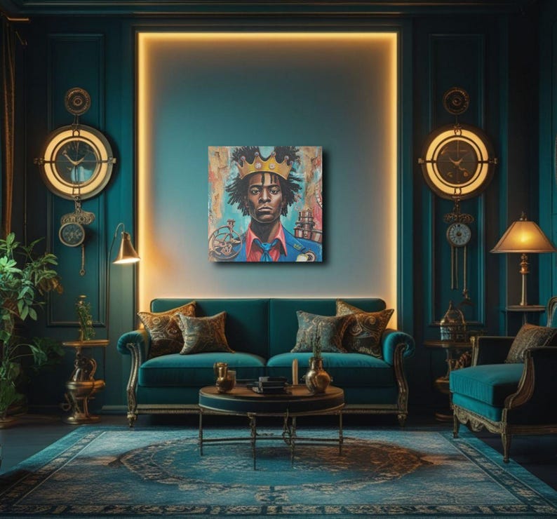 May include: A square canvas art piece depicting a person wearing a crown and a blue blazer, hanging on a teal wall. The room features a teal sofa, a patterned rug, and antique clocks. The overall aesthetic is luxurious and artistic.