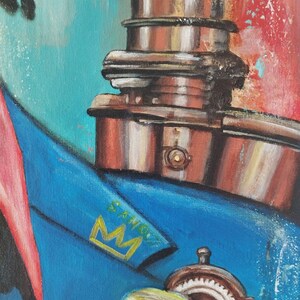 May include: An abstract painting with a blue jacket featuring a gold crown and the word "SANGS". The painting has a steampunk-inspired element with metallic brown gears and a cylindrical structure. The artist's signature, "Valentyna Loboda", is visible.