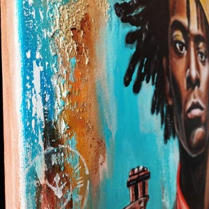 May include: An abstract painting featuring a portrait of a person wearing a gold crown, set against a backdrop of textured teal, orange, and gold paint. The artwork has a side profile view, showcasing the subject's face and the intricate details of the crown.