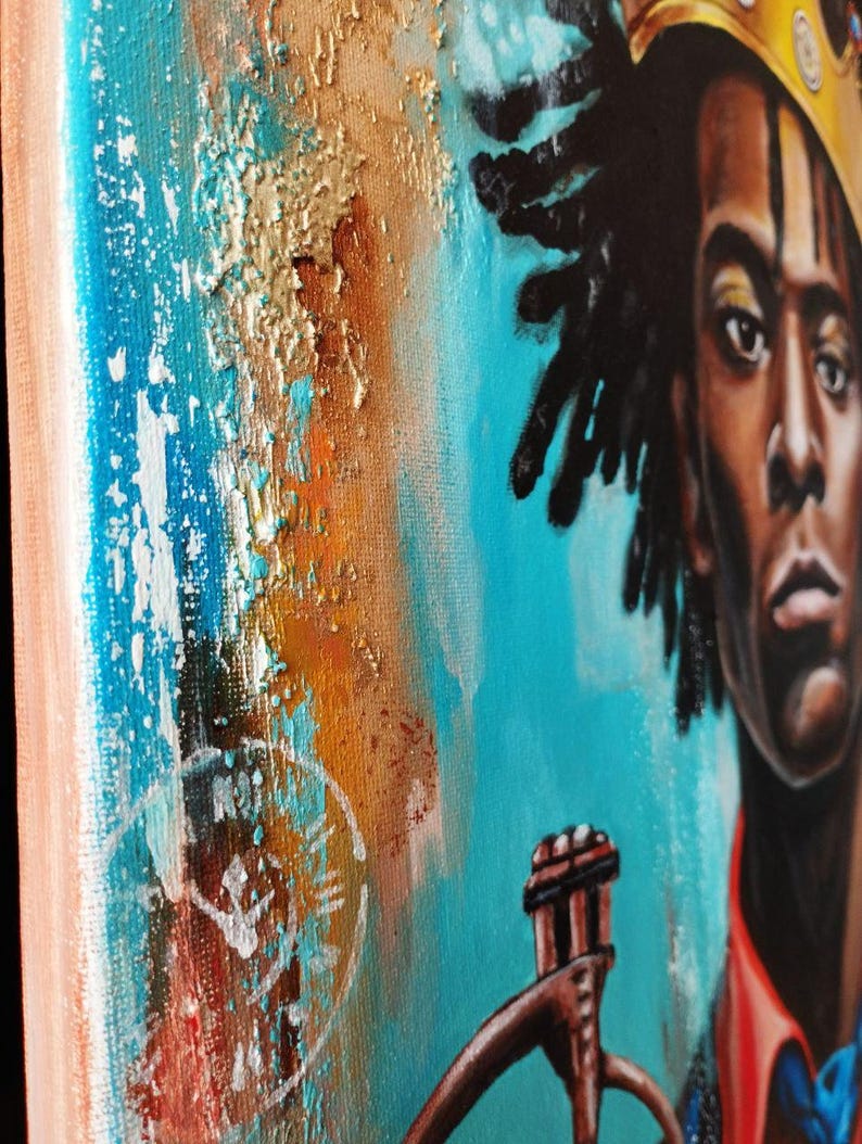 May include: An abstract painting featuring a portrait of a person wearing a gold crown, set against a backdrop of textured teal, orange, and gold paint. The artwork has a side profile view, showcasing the subject's face and the intricate details of the crown.