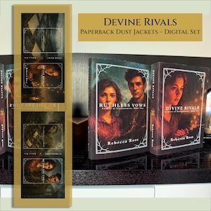 May include: A display of paperback books with dust jackets. The books feature portraits of a man and woman. The text "DEVINE RIVALS" and "RUTHLESS VOWS" are visible. The books are on a dark shelf.