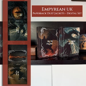 Puede incluir: Juego digital de sobrecubiertas de bolsillo. Las cubiertas presentan un dragón y el texto "Iron Flame" y "Fourth Wing". El diseño incluye un ojo de dragón y una combinación de colores oscuros con acentos naranjas y azules. También es visible el texto "Empyrean UK".