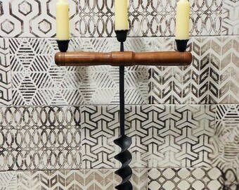 Antique Auger Candlestick Holder, Repurposed T-Handle Tool, Rustic Wood Iron Centerpiece
